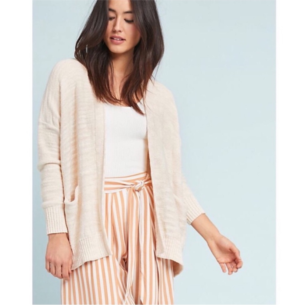 Anthropologie Donyale Knit Oversized Open Cardigan Sweater Cream Boho Pockets